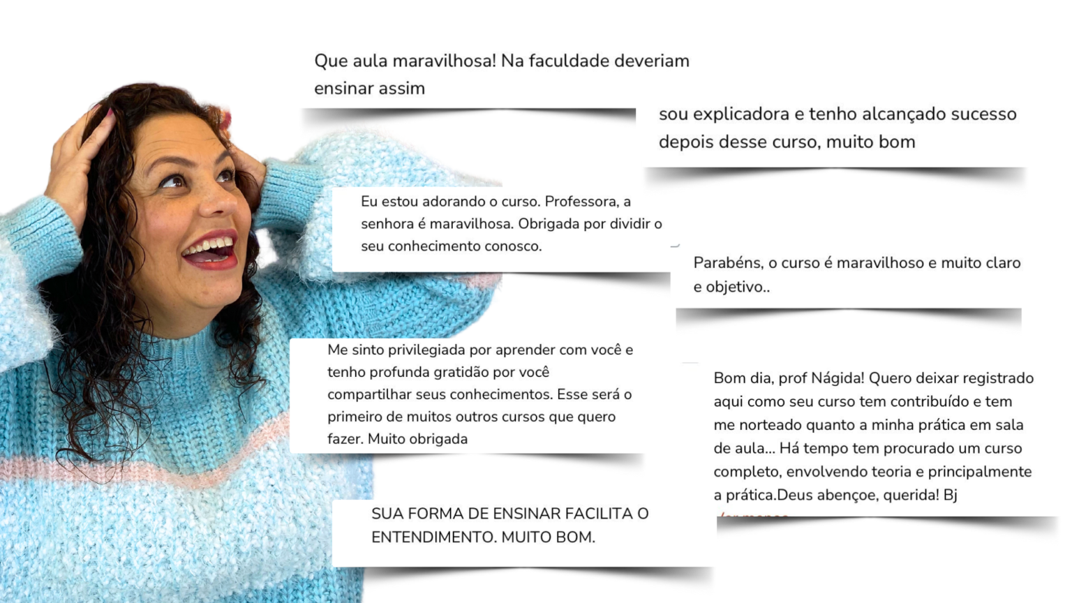 Print de mensagens com depoimentos de alunas sobre os materiais da Prof. Nágida